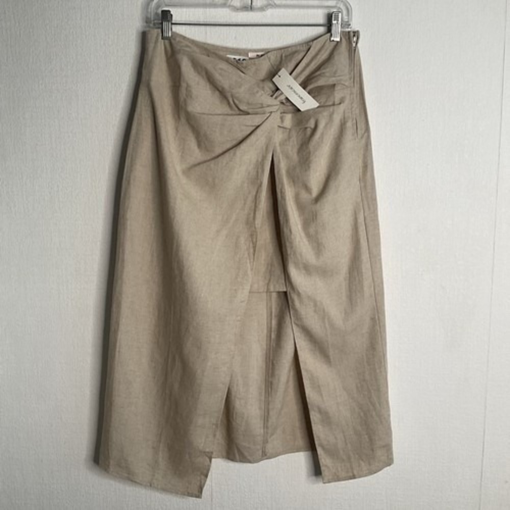 NWT Miami CinchWaist Twist Knot Slit Chic Midi Skirt Women L China Linen/Rayon